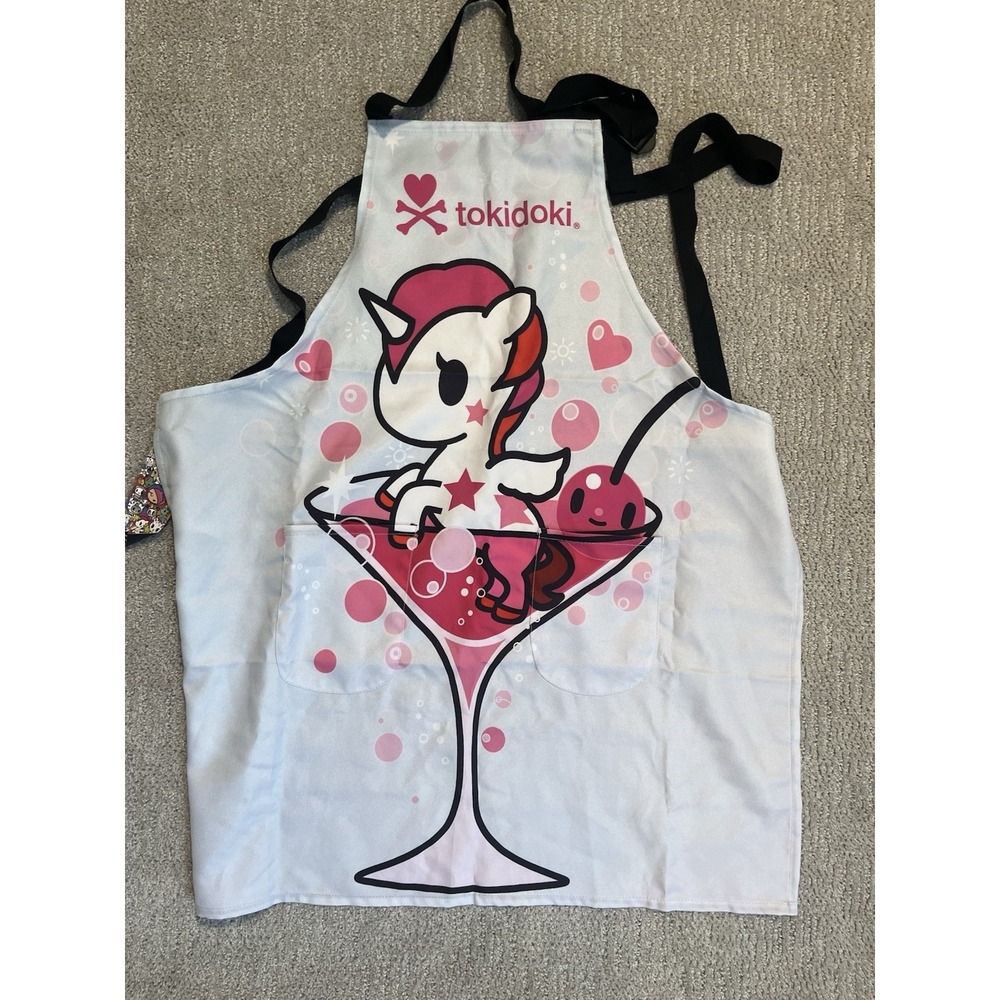 Tokidoki Unicorno Martini Glass Graphic Apron White Pink Two Pocket NWT